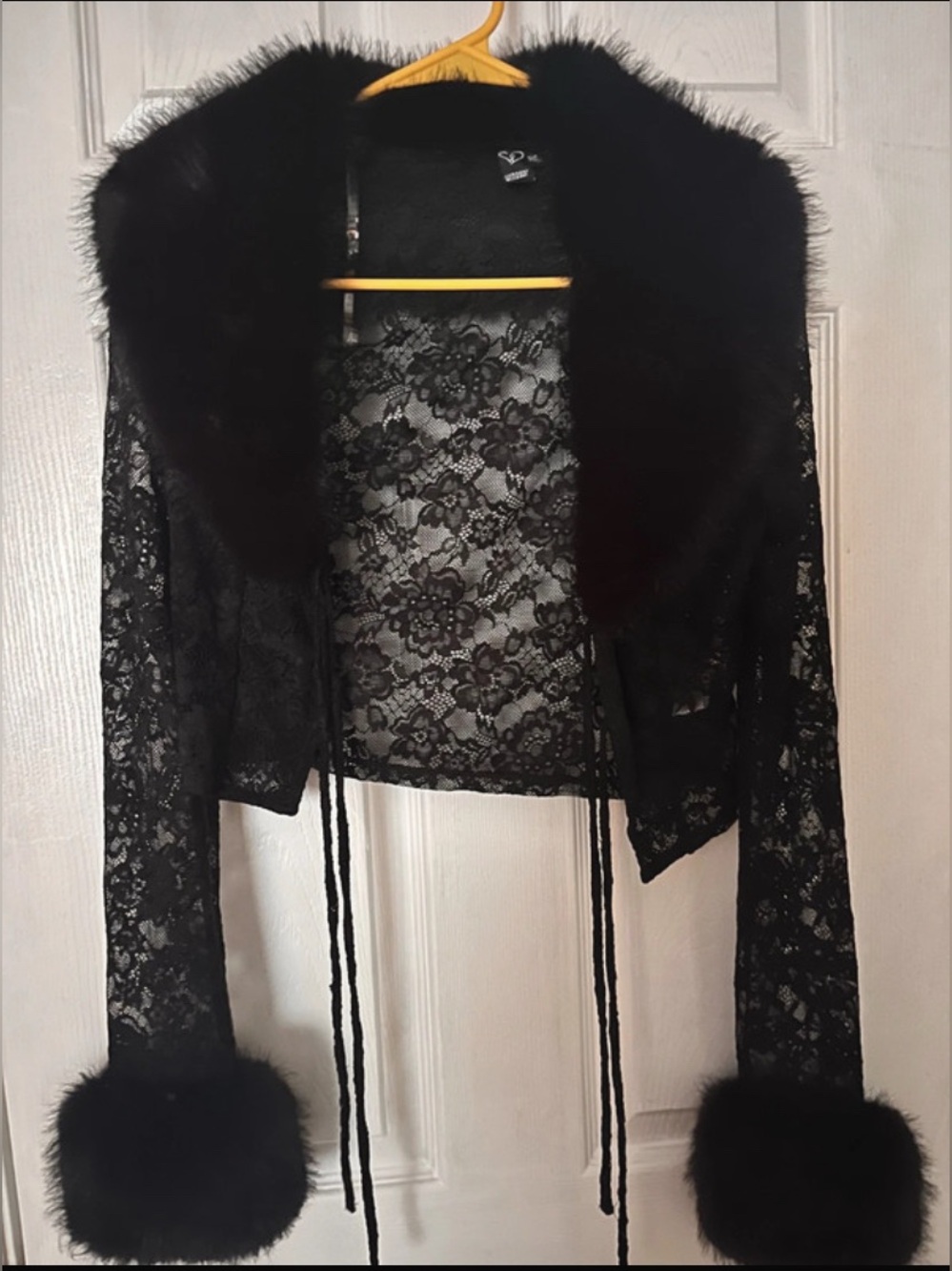Windsor Black Lace Bed Jacket with Faux Fur Trim Small